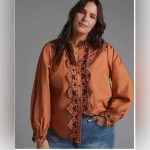 Anthropologie Scalloped Embroidered Button Down